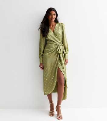 Green Foil Print Long Sleeve Wrap Midi Dress