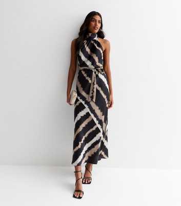 Black Diagonal Stripe Satin Halter Neck Belted Midi Dress
