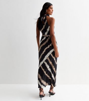 Black Diagonal Stripe Satin Halter Neck Belted Midi Dress New Look
