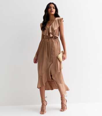 Light Brown Sleeveless Belted Ruffle Midi Dress