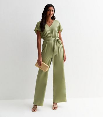 Green Satin Short Sleeve Belted Wide Leg Jumpsuit