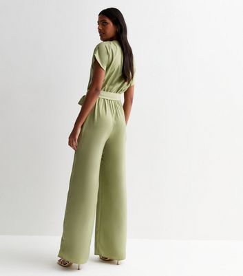 Green Satin Short Sleeve Belted Wide Leg Jumpsuit New Look