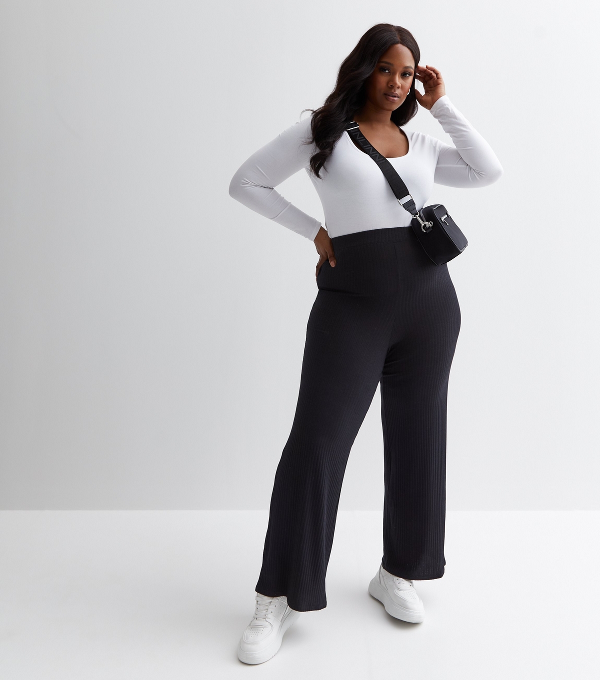 Women's Plus Size Black Ribbed Wide Leg Trousers Curves New Look