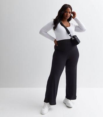 Curves Black Ribbed Wide Leg Trousers | New Look