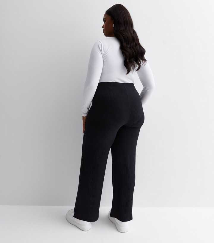 Curves Black Ribbed Wide Leg Trousers
