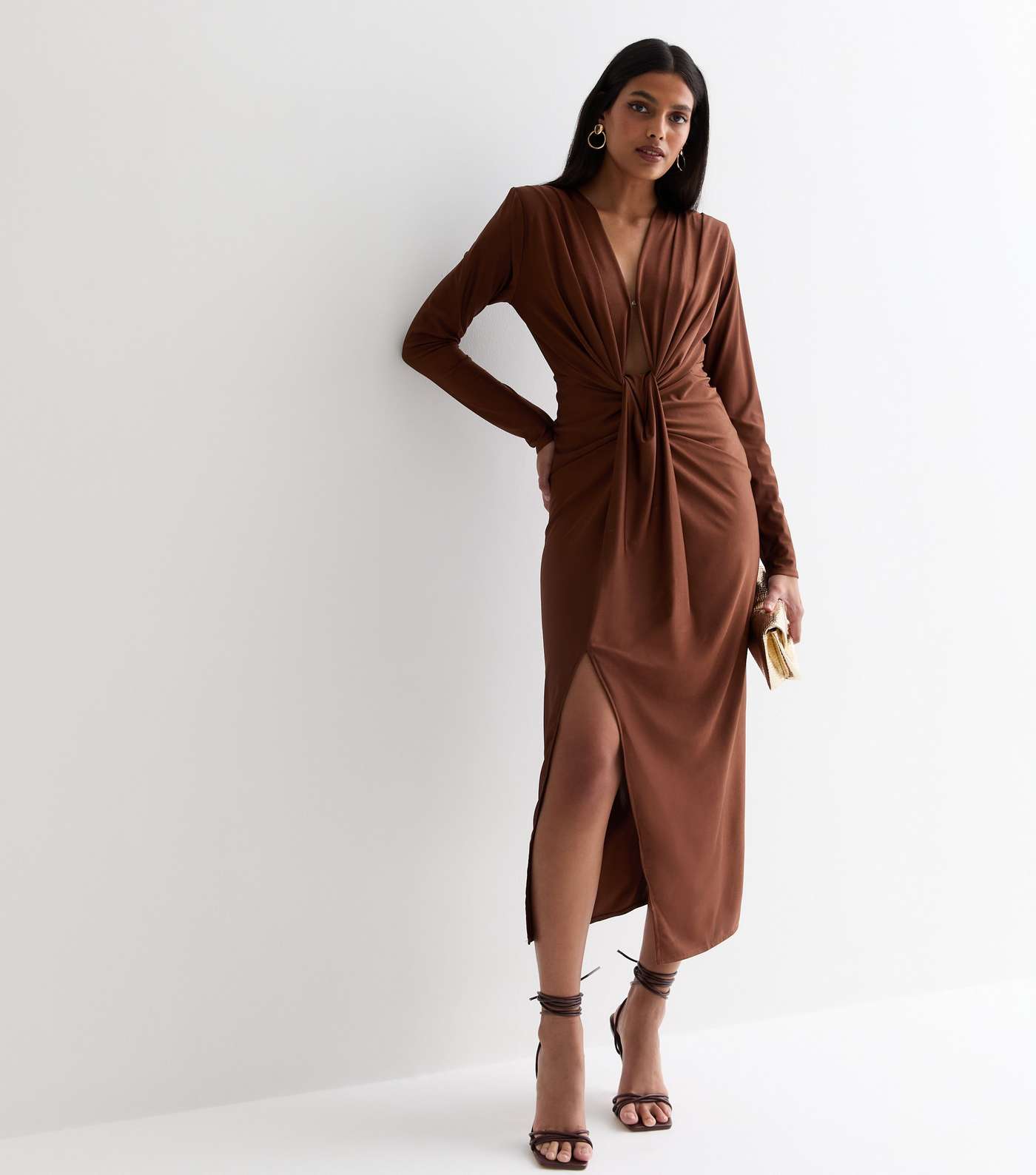 Dark Brown Plunge Long Sleeve Bodycon Midi Dress Image 3