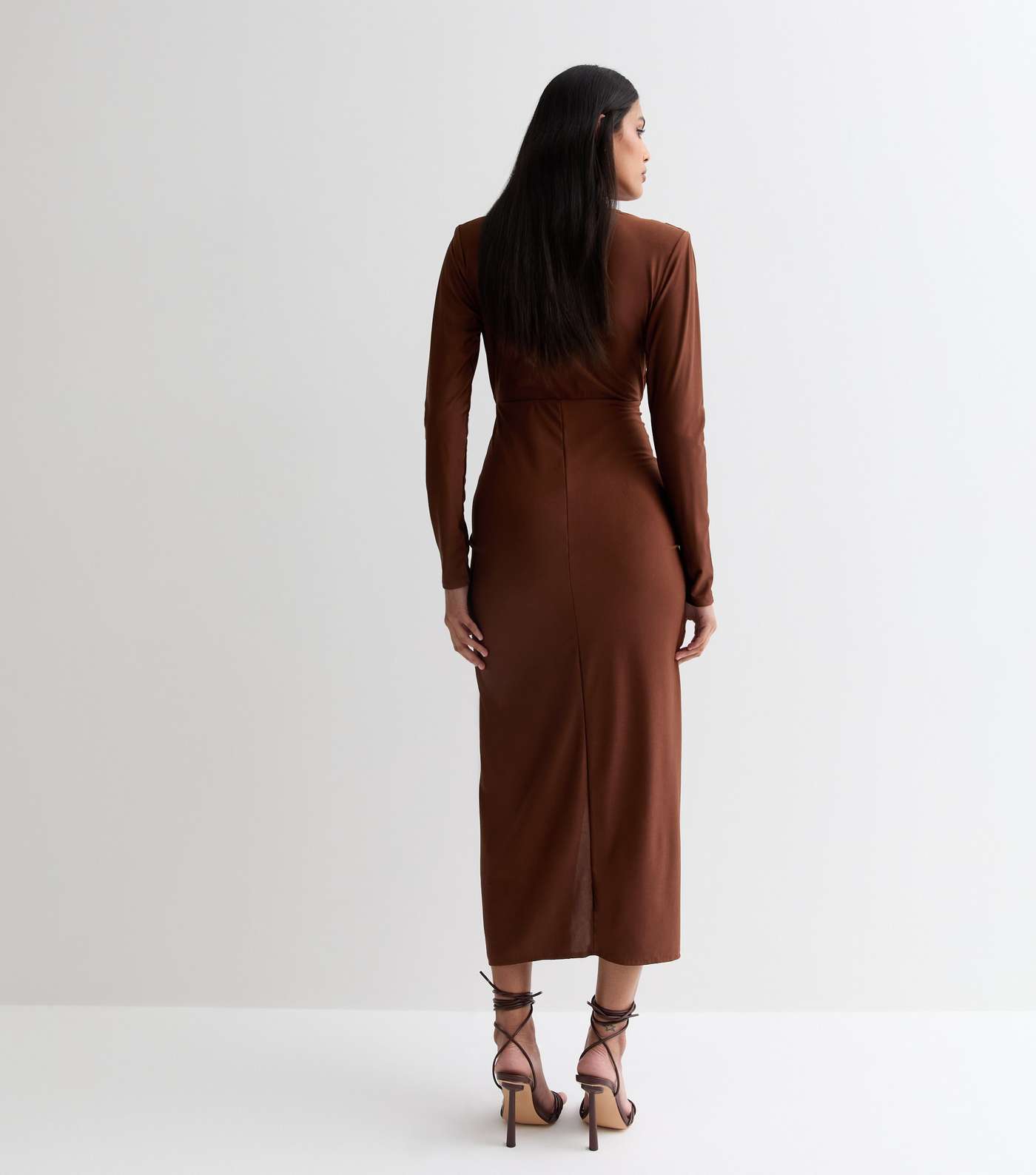 Dark Brown Plunge Long Sleeve Bodycon Midi Dress Image 5