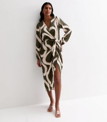 Khaki Abstract Print Long Sleeve Wrap Midi Dress New Look