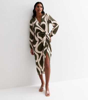 Khaki Abstract Print Long Sleeve Wrap Midi Dress