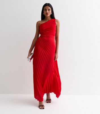 Red Satin Pleated One Shoulder Cut Out Midi Dress New Look