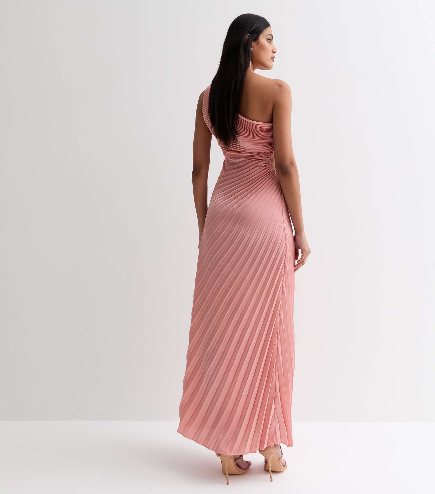 Pink Satin Pleated One Shoulder Cut Out Midi Dress Image 5