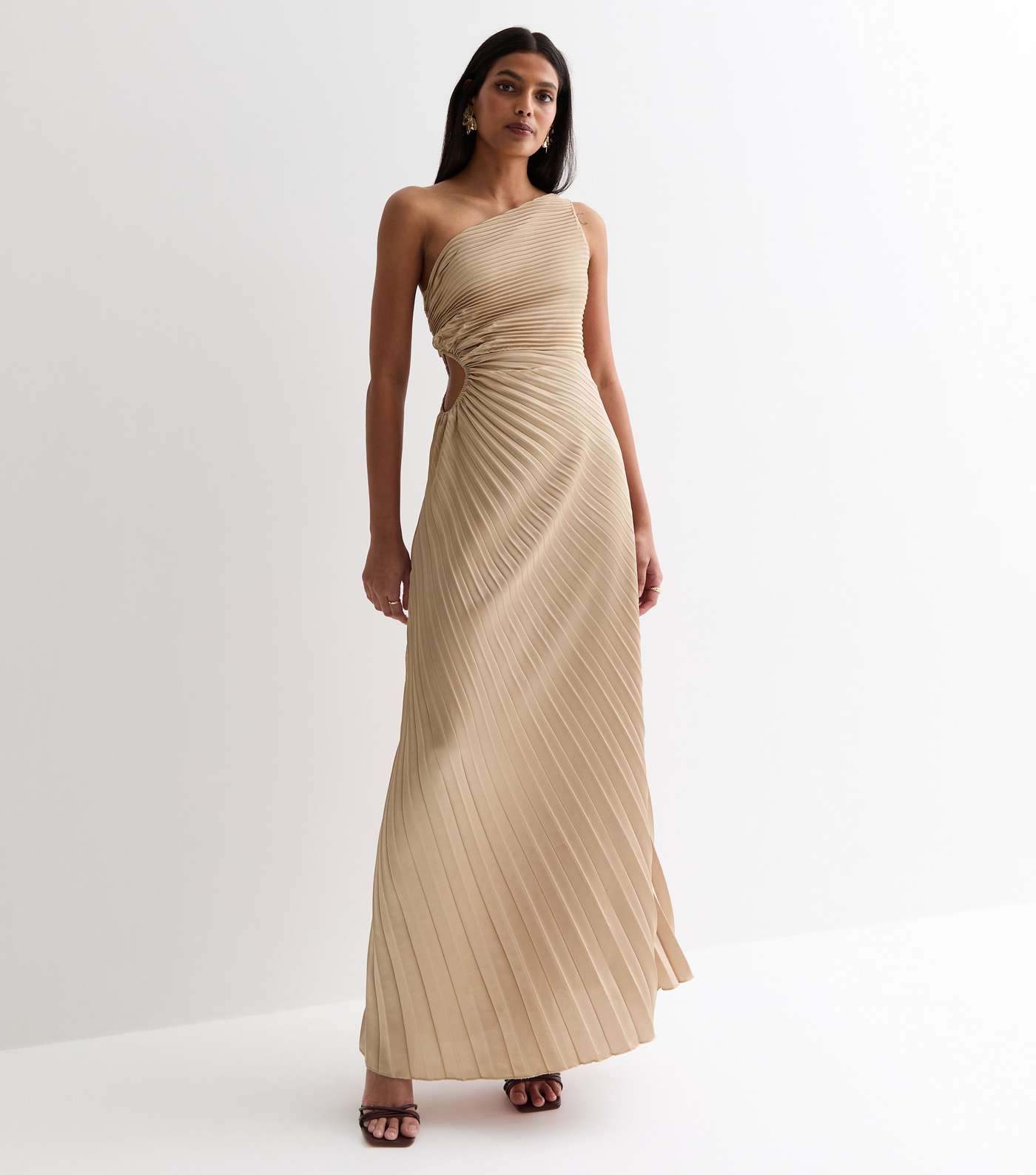 Gold Satin Pleated One Shoulder Cut Out Midi Dress Image 3