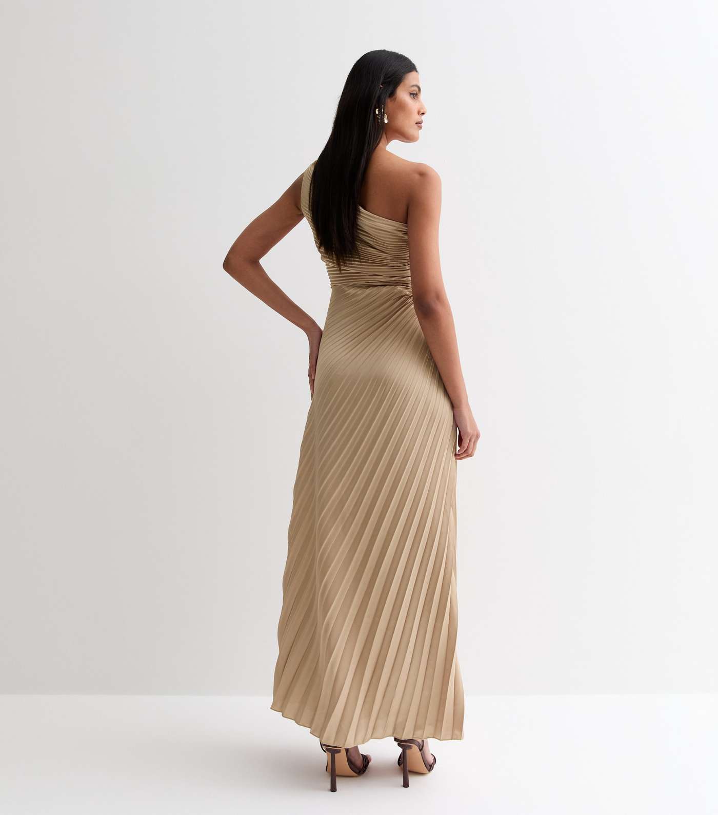 Gold Satin Pleated One Shoulder Cut Out Midi Dress Image 5