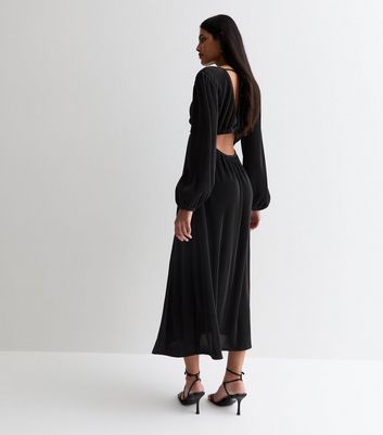Black Plisse Long Sleeve Cut Out Midi Dress New Look