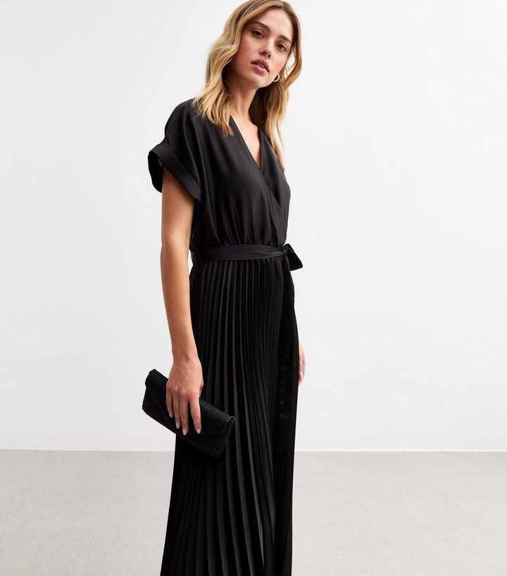 Black Pleated Skirt Satin Midi Dress