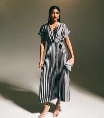 Grey Pleated Satin Midi Dress