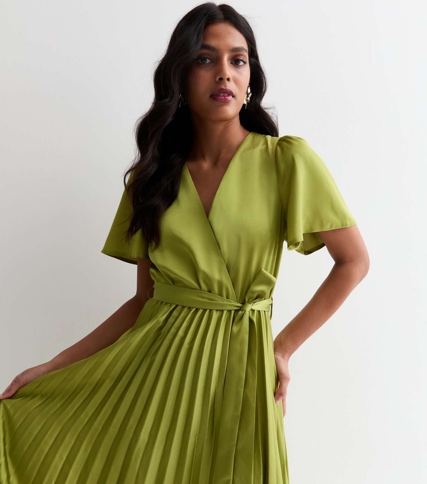 Green Satin Wrap Front Pleated Midi Dress Image 4