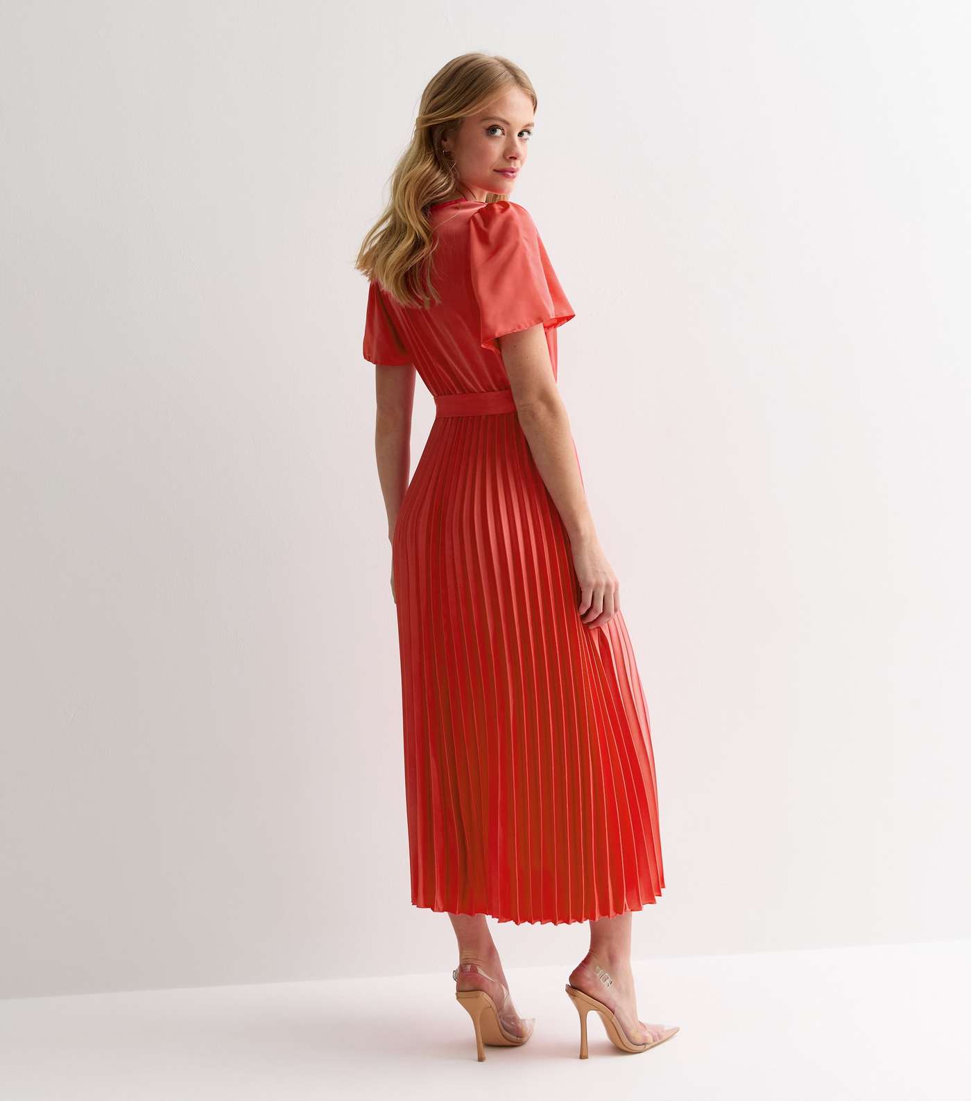 Coral Satin Wrap Front Pleated Midi Dress Image 4