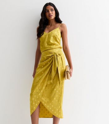 Green Gold Foil Print Wrap Midi Skirt New Look