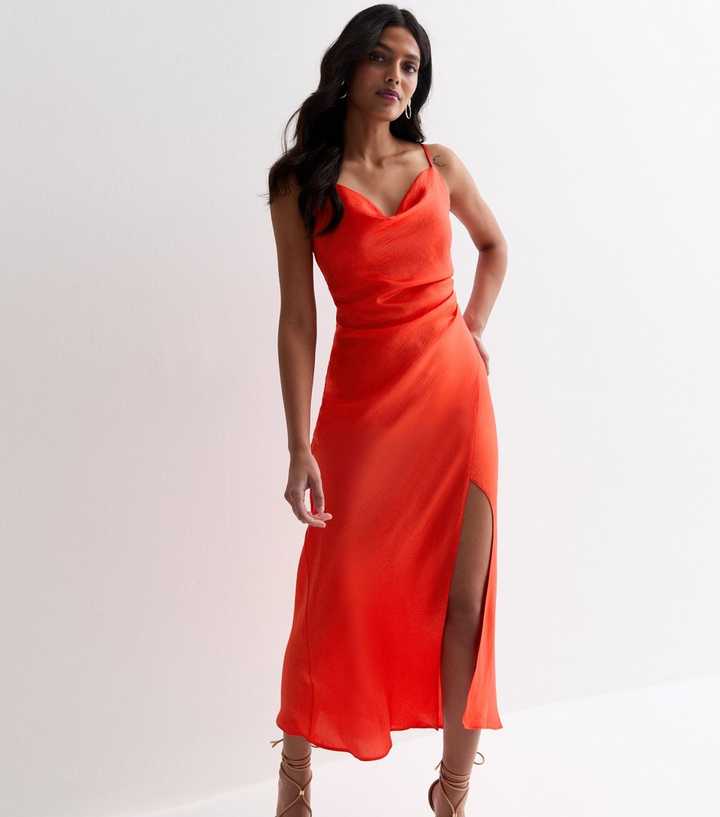 Red Satin Cowl Neck Strappy Wrap Front Midi Dress | New Look