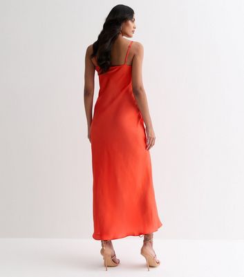 Red Satin Cowl Neck Strappy Wrap Front Midi Dress New Look