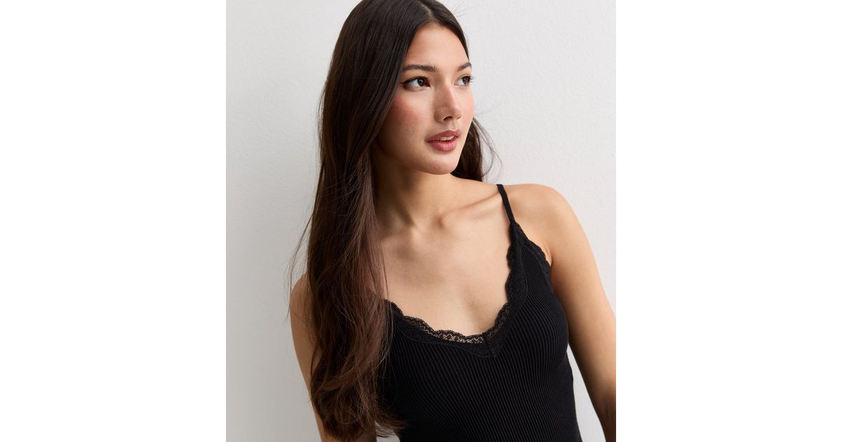 Black Ribbed Jersey Lace Trim Crop Cami | New Look