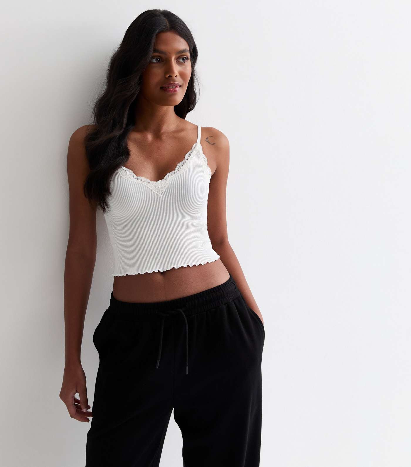 Off White Ribbed Jersey Lace Trim Crop Cami Image 2