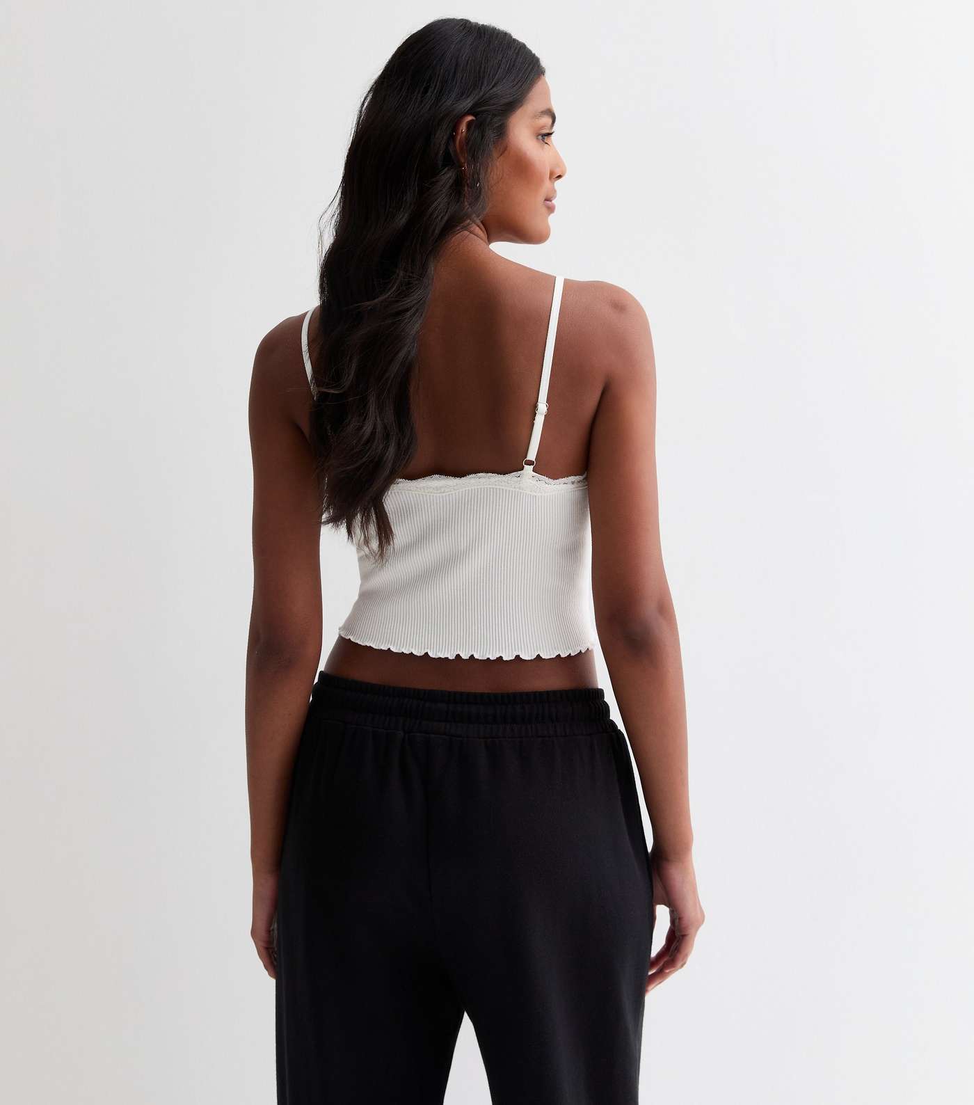 Off White Ribbed Jersey Lace Trim Crop Cami Image 4