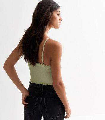Light Green Ribbed Jersey Lace Trim Crop Cami New Look