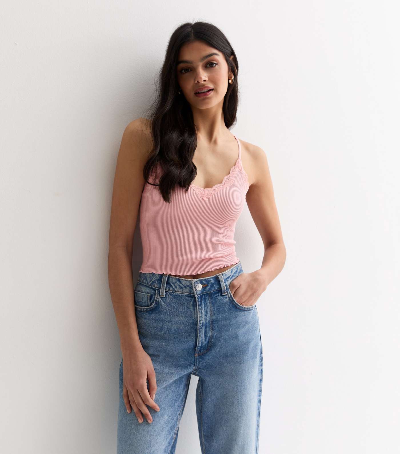 Pale Pink Ribbed Jersey Lace Trim Crop Cami