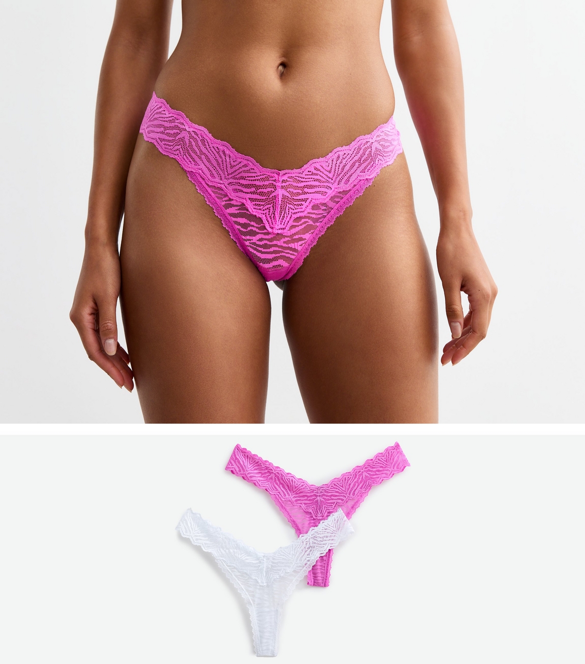 Women's 2 Pack of Zebra-Lace V-Front Thongs New Look