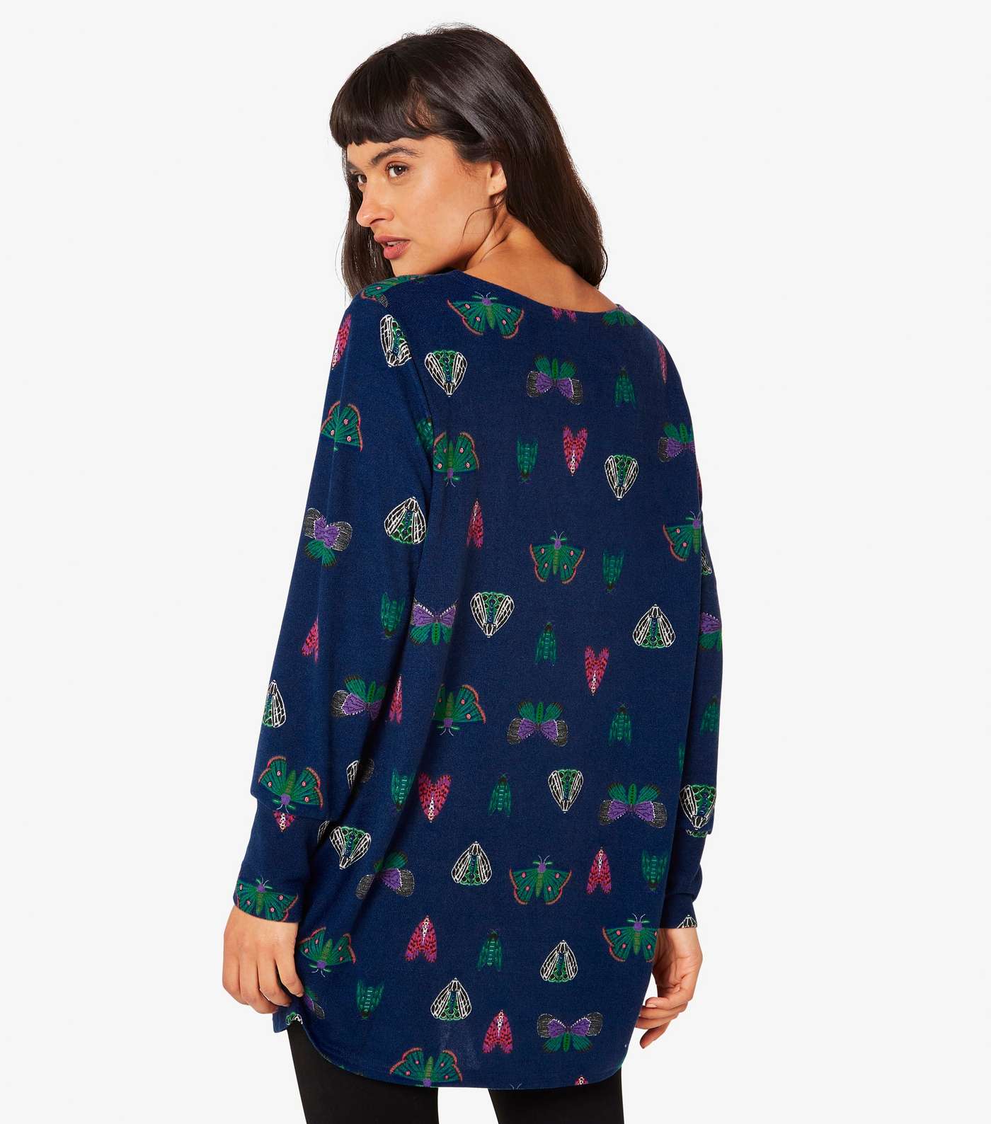 Apricot Navy Butterfly Print Crew Neck Long Top Image 3
