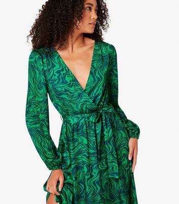 Apricot Green Swirl Print Satin Midi Wrap Dress New Look