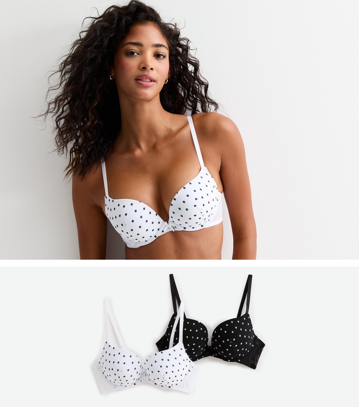 Women's 2 Pack Black And White Polka Dot Mesh Push Up Bras New Look