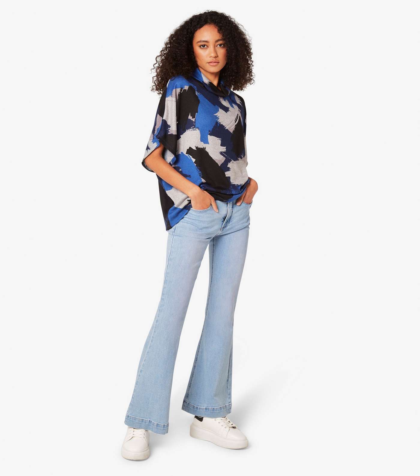 Apricot Bright Blue Abstract Print Knit Roll Neck Top Image 2
