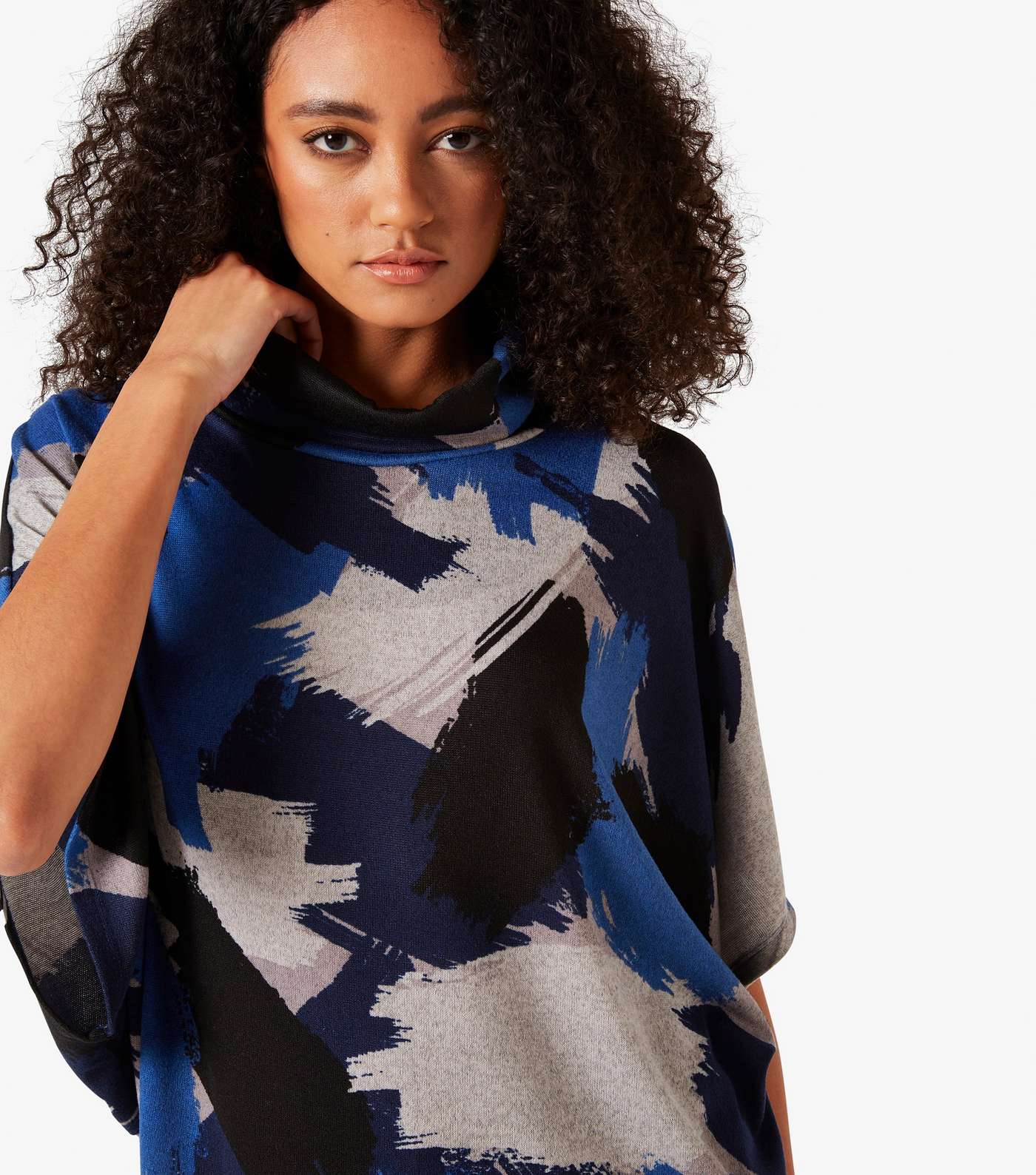 Apricot Bright Blue Abstract Print Knit Roll Neck Top Image 4