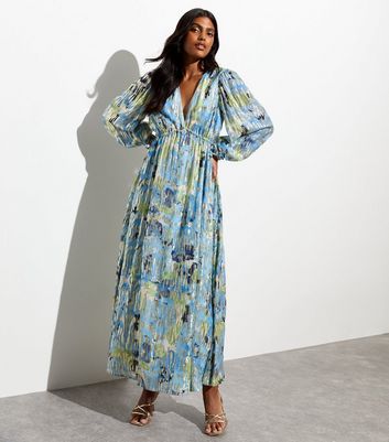 Blue Floral Foil V Neck Long Sleeve Maxi Dress New Look