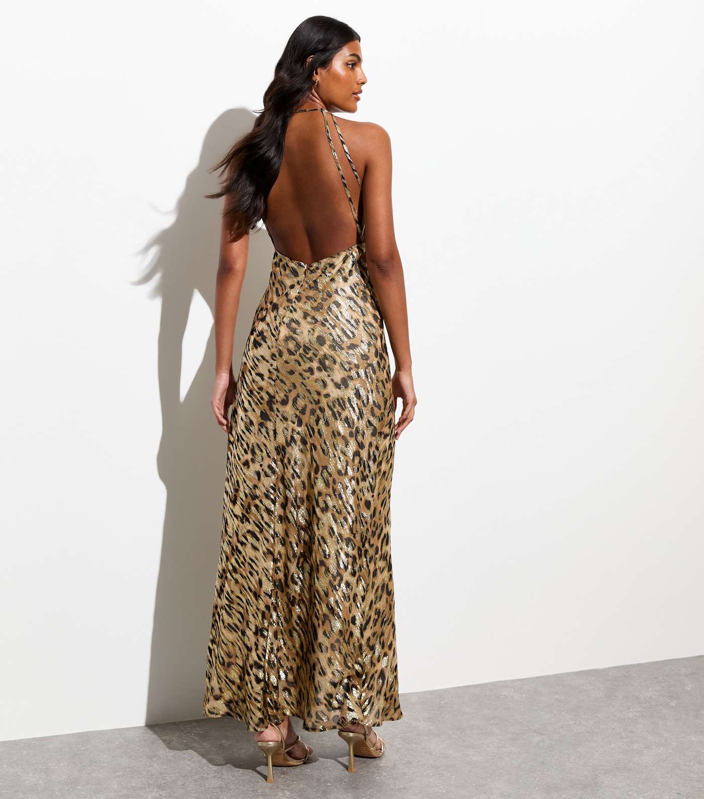 Gold Leopard Print Open Back Bias Cut Maxi Dress Image 4