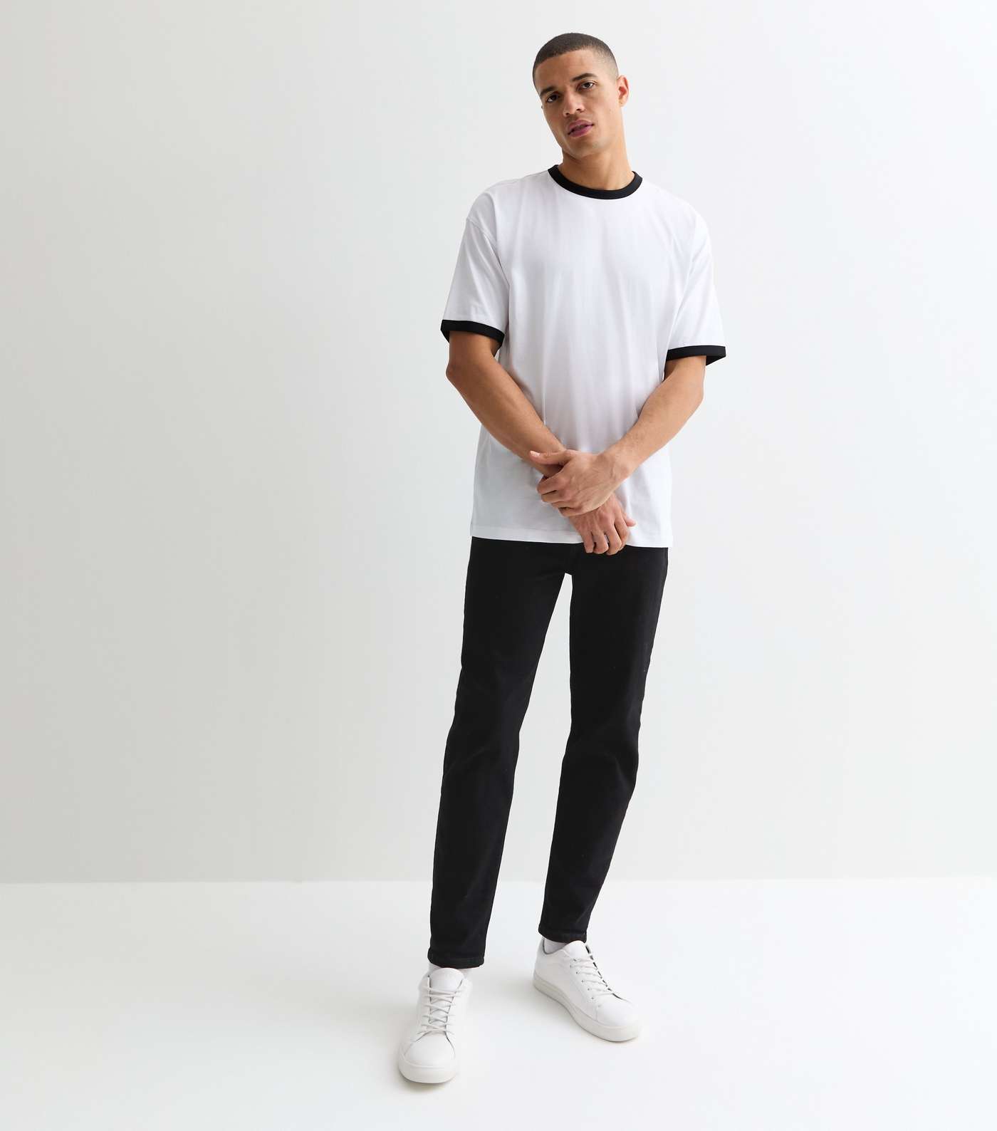 Black and White Cotton Ringer Oversized T-Shirt Image 3