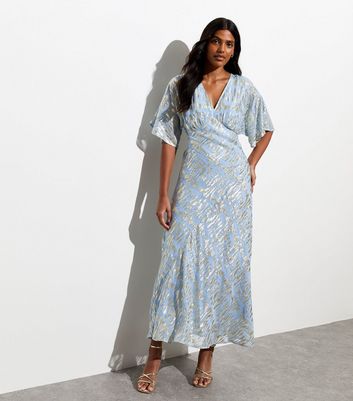 Pale Blue Foil Print Kimono Sleeve Maxi Dress New Look