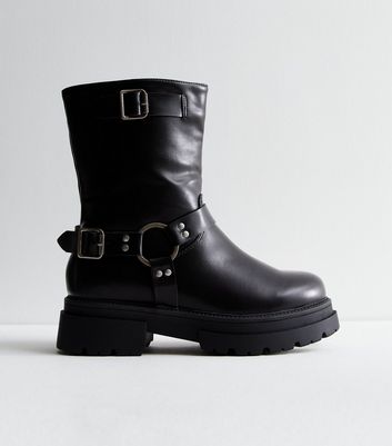 Black Leather Look Buckle Ankle Biker Boots New Look