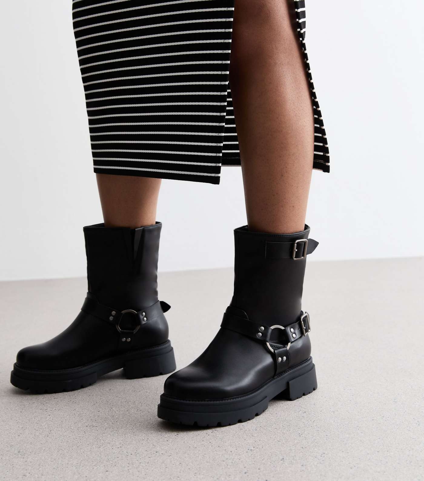 Black Leather-Look Buckle Ankle Biker Boots Image 2