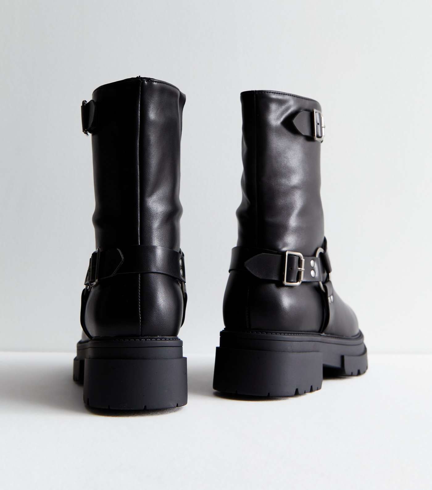 Black Leather-Look Buckle Ankle Biker Boots Image 4