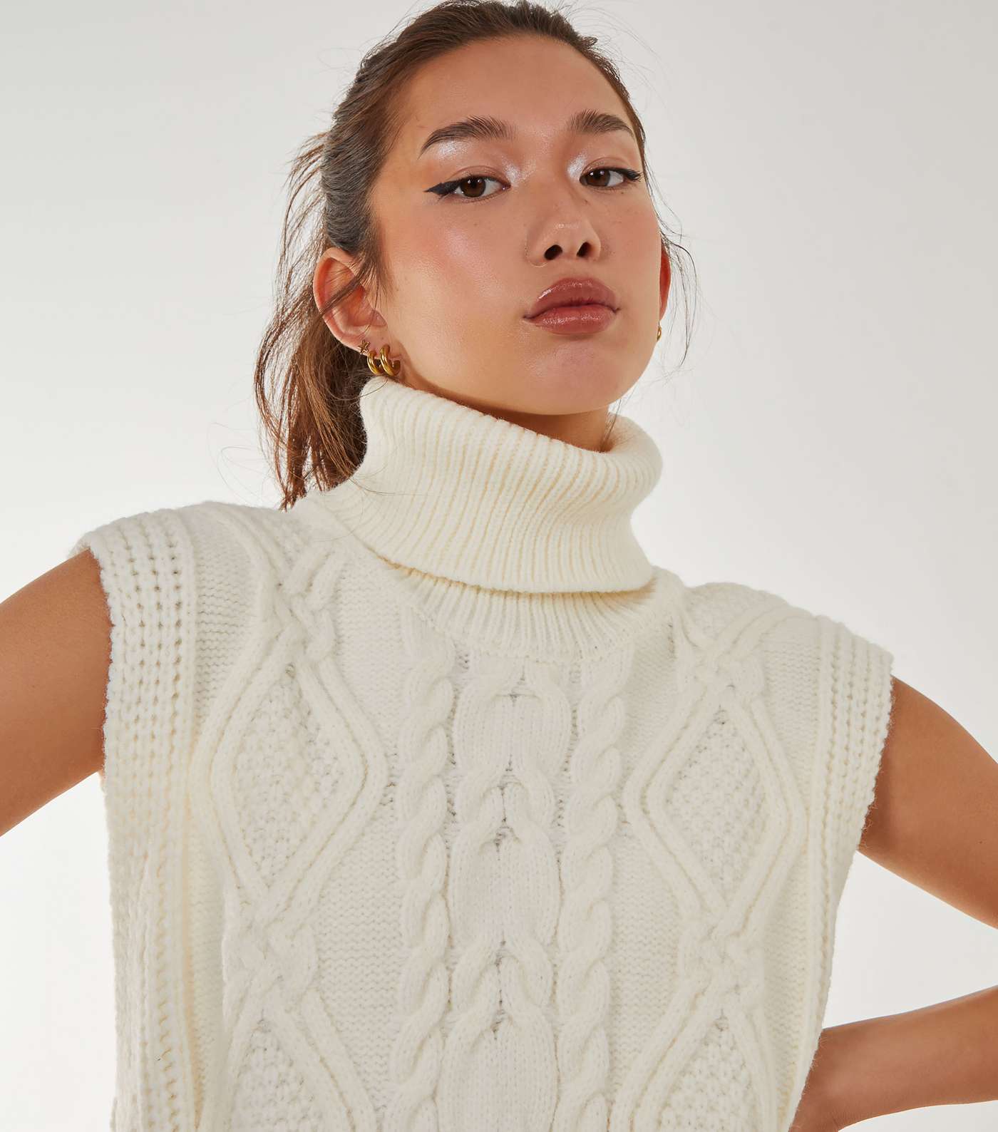 Blue Vanilla Off White Cable Knit Roll Neck Vest Image 3