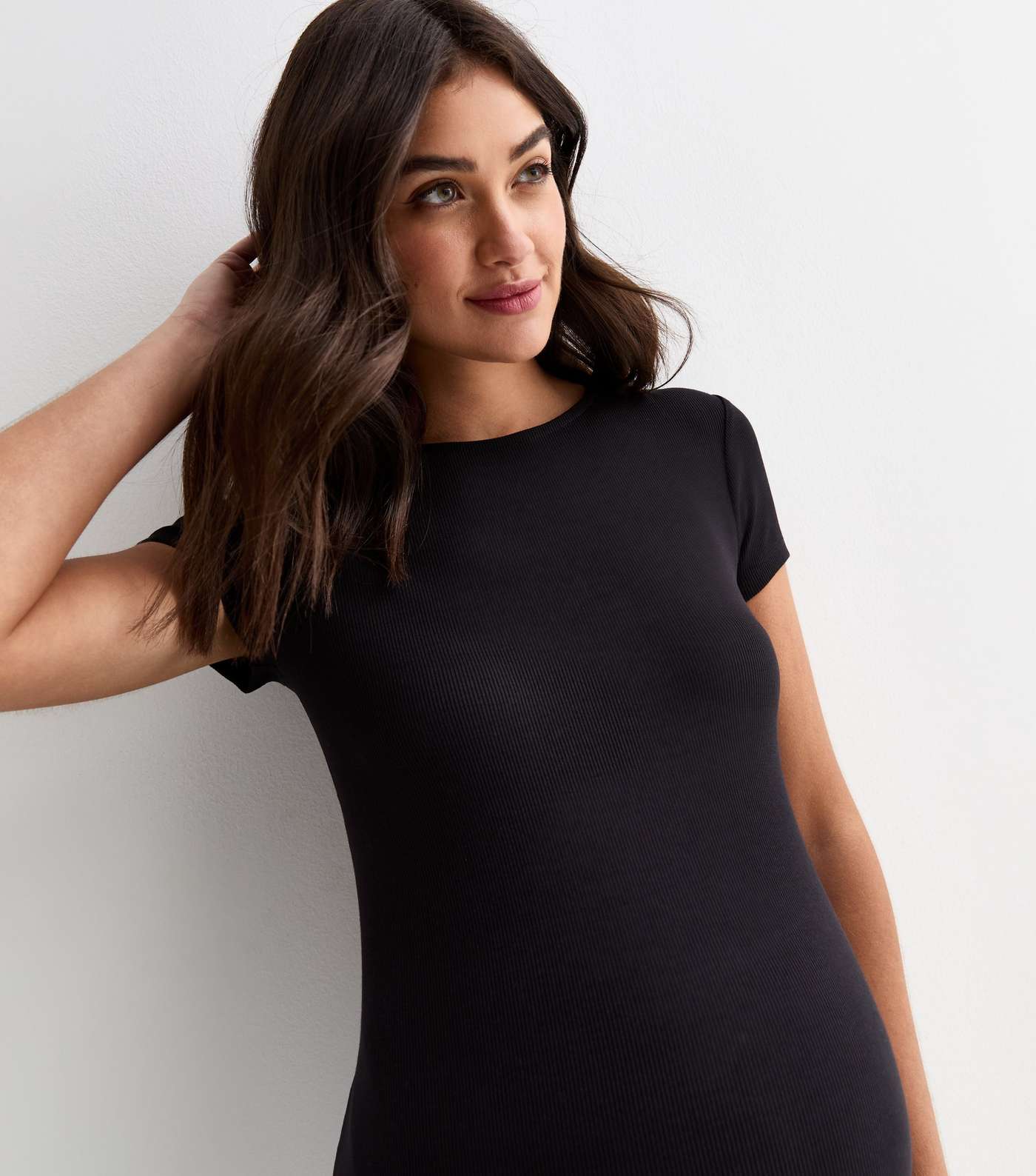 Maternity Black Ribbed T-Shirt Midi Dress Image 2