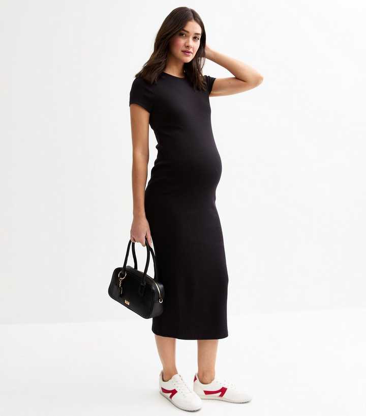Maternity Black Ribbed T-Shirt Midi Dress | New Look Maternity Black Ribbed T-Shirt Midi Dress | New Look