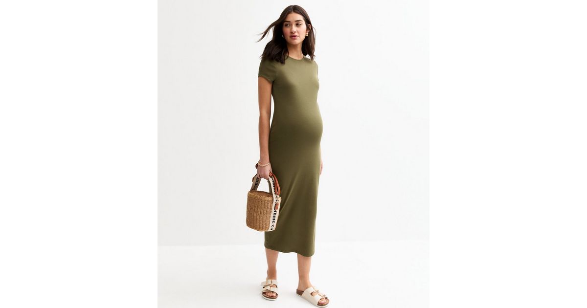 Maternity Dark Khaki Ribbed T-Shirt Midi Dress | New Look