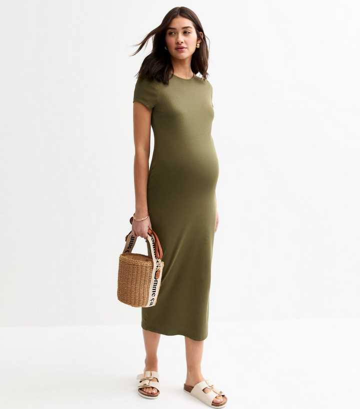 Maternity Dark Khaki Ribbed T-Shirt Midi Dress