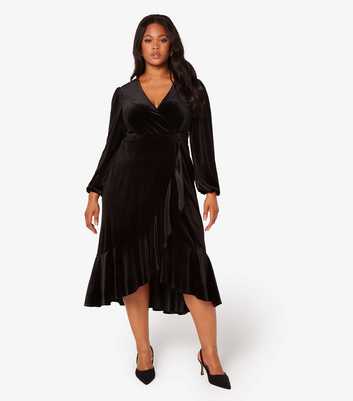 Apricot Curves Black Velvet Frill Midi Dress