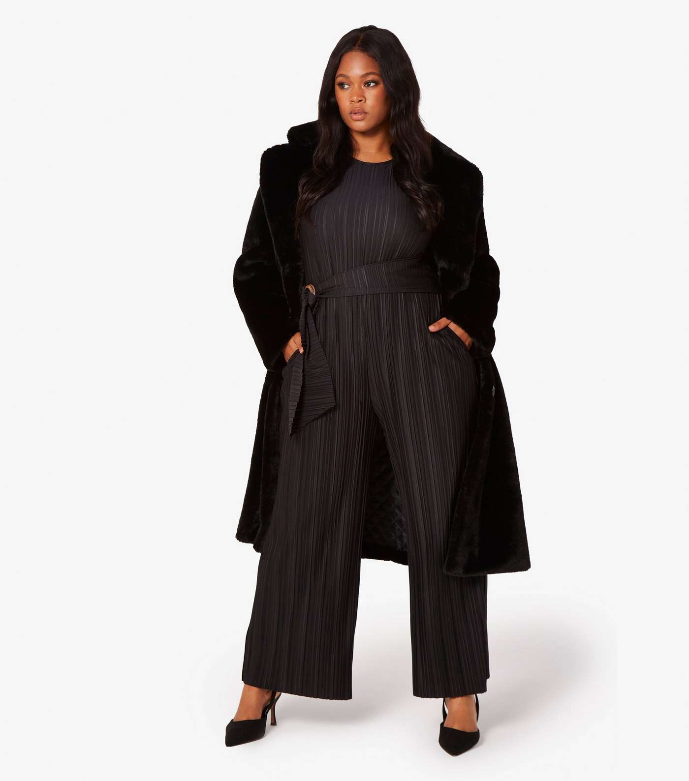 Apricot Curves Black Faux Fur Longline Coat Image 2